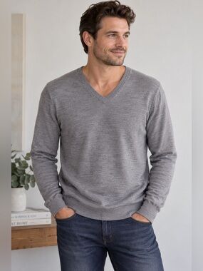 J. Crew Men's V-Neck Merino Wool Sweater - Gray